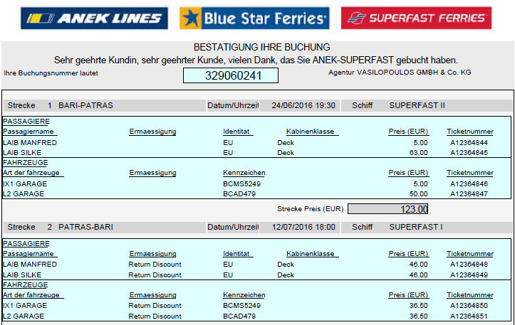 das Ticket für die kommende Überfahrt von Bari nach Patras am 24.06.2016